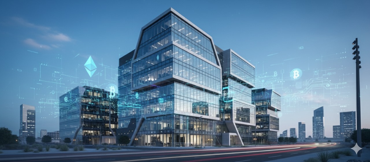 Modern digital asset research building with blockchain technology overlay